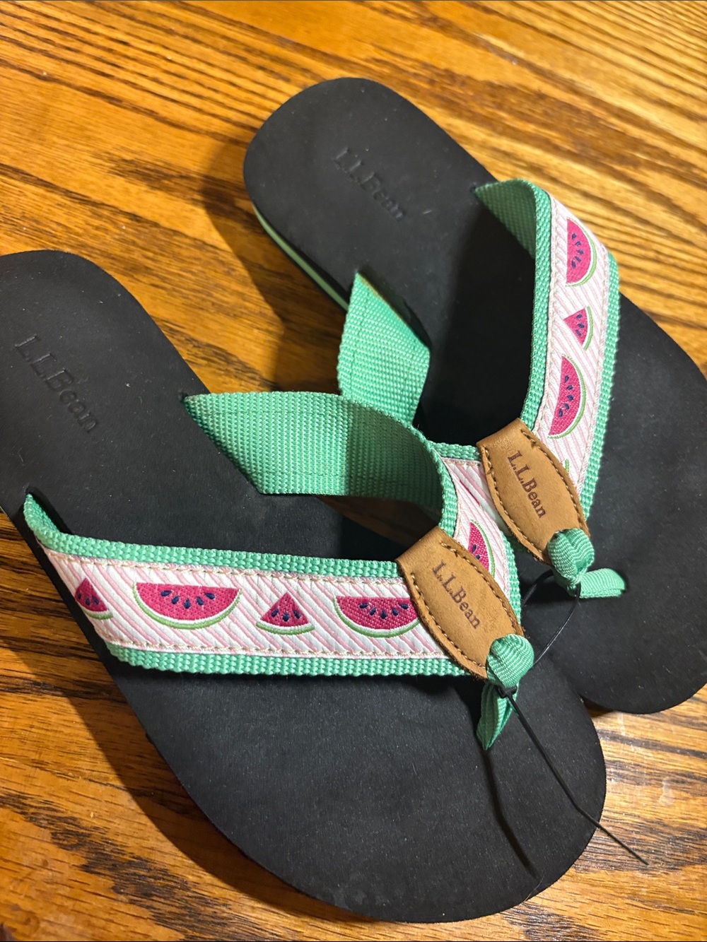 L.L. Bean Black Flip Flop Sandals with Mint Green and Pink Watermelon Trim